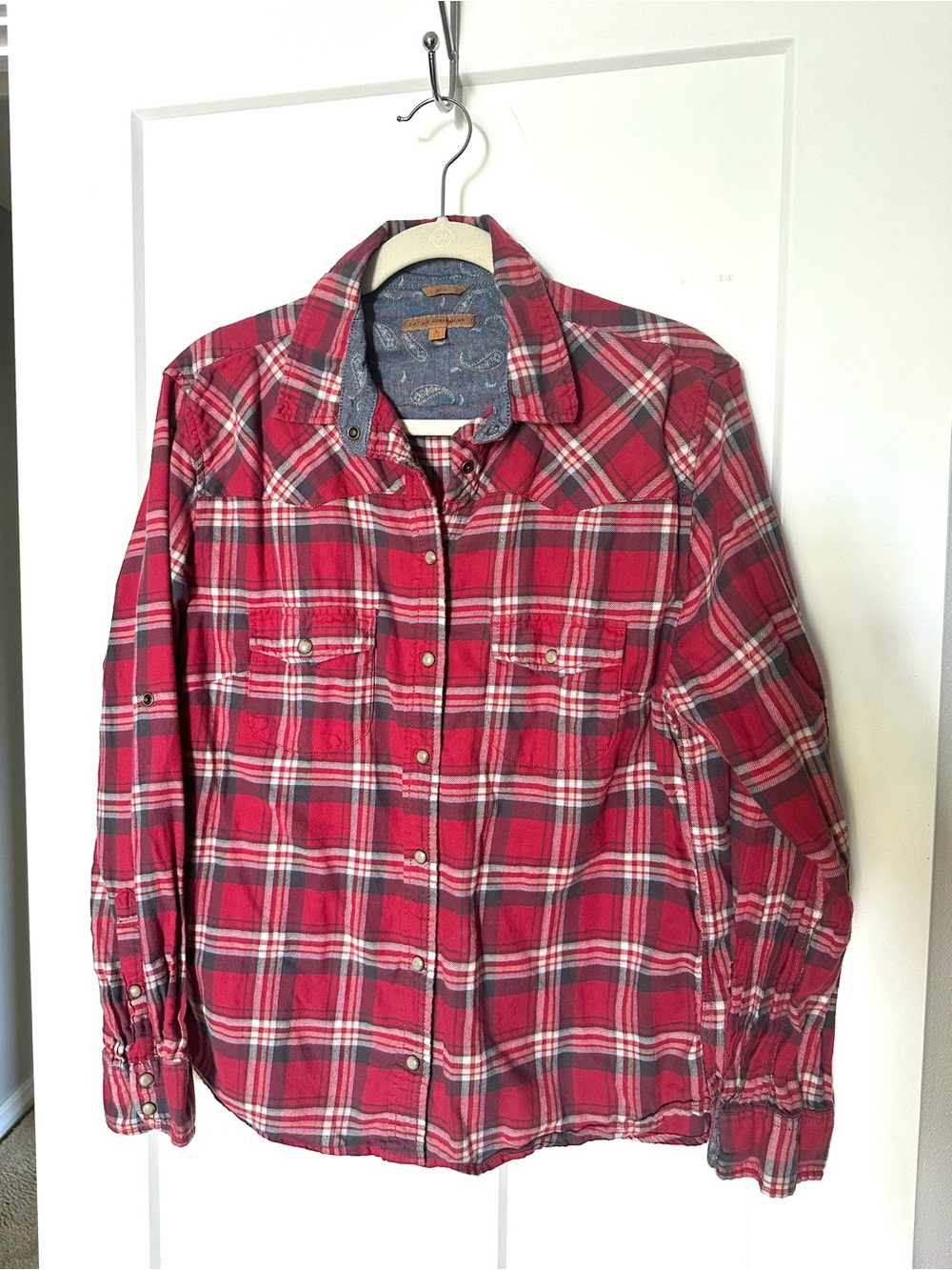 JACHS Girlfriend BEA Red Plaid Snap Shirt with Paisley Lining, Size L
